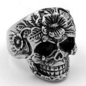 R111 Stainless Steel Flower Face Skull Biker Ring