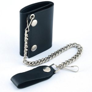 BWC235 Black Tri-Fold Genuine Leather Wallet with Chain