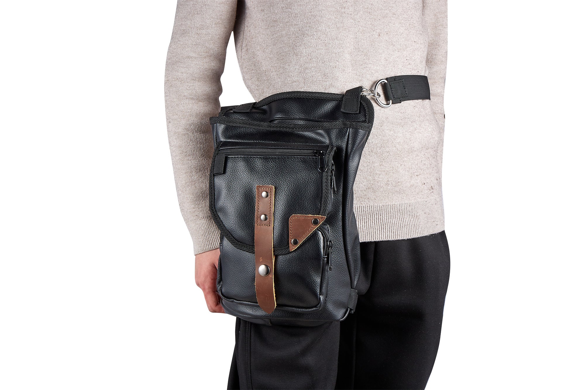 Dream Apparel Black Thigh Bag, Brown Strap, Gun Pocket Leg Bag - Image 8