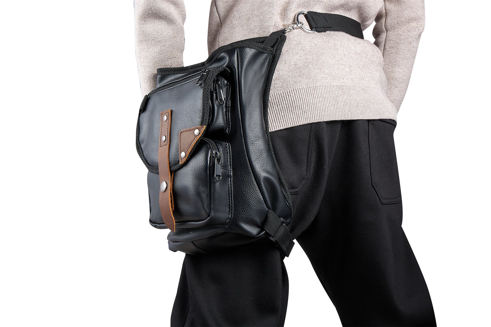 Dream Apparel Black Thigh Bag, Brown Strap, Gun Pocket Leg Bag - Image 9