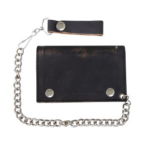 Dream Apparel Naked Cowhide Distress Brown Leather Heavy Duty Biker Trifold Chain Wallet with Snaps