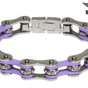 Silver & Purple Stainless Steel Motorcycle Chain Bracelet With Crystals