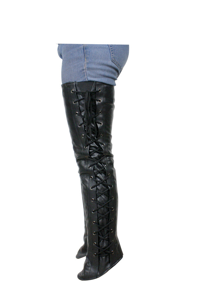 Ladies Premium Cowhide Leather Laced Leggings - Black - Image 2