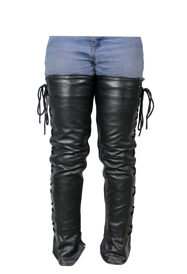 Ladies Premium Cowhide Leather Laced Leggings - Black - Image 3