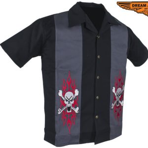 Mens Buttoned Cotton Motorcycle Shirt With Two Skulls