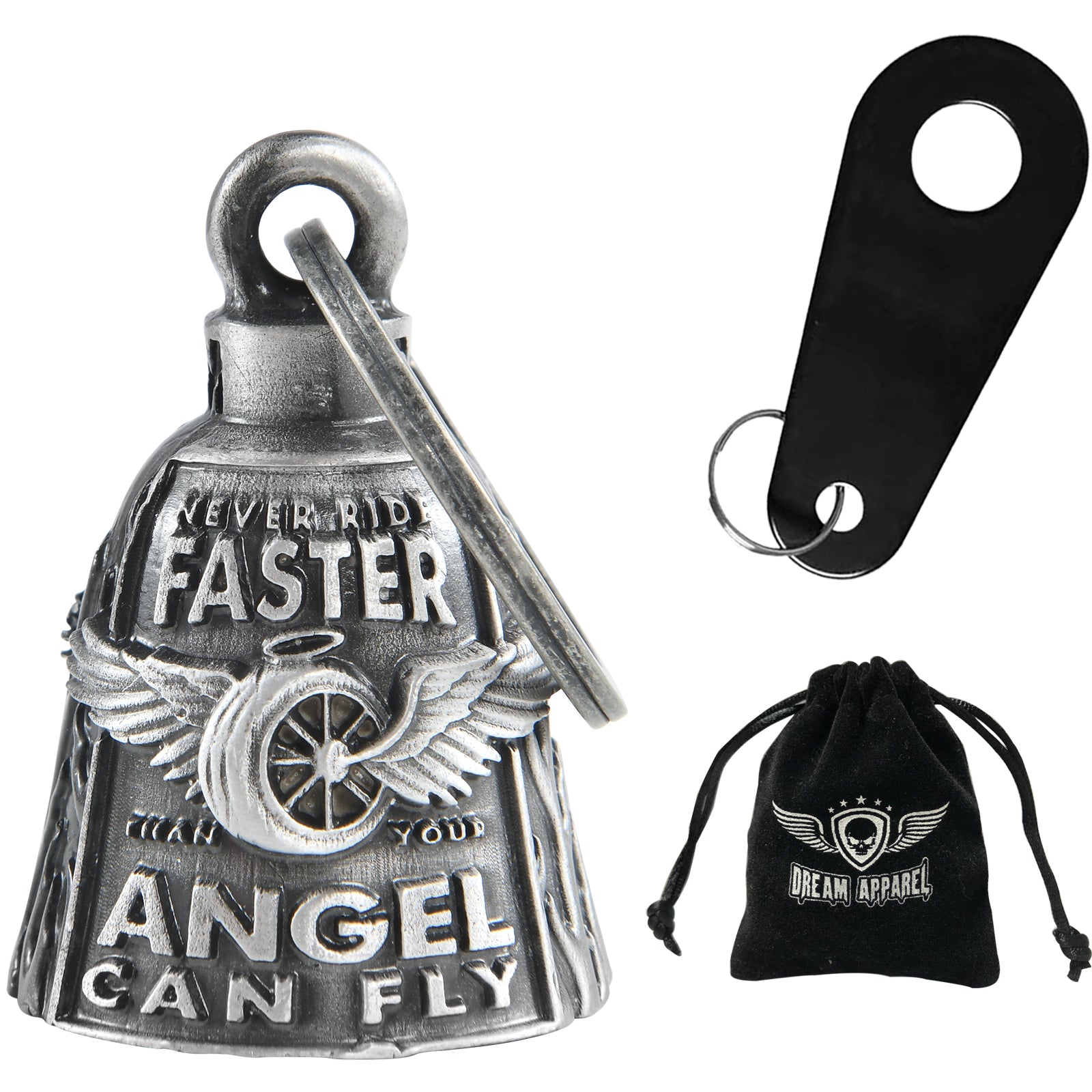 Dream Apparel Never Ride Faster than Your Angel, Wheel with Wings Motorcycle Bell for Good Luck 3D