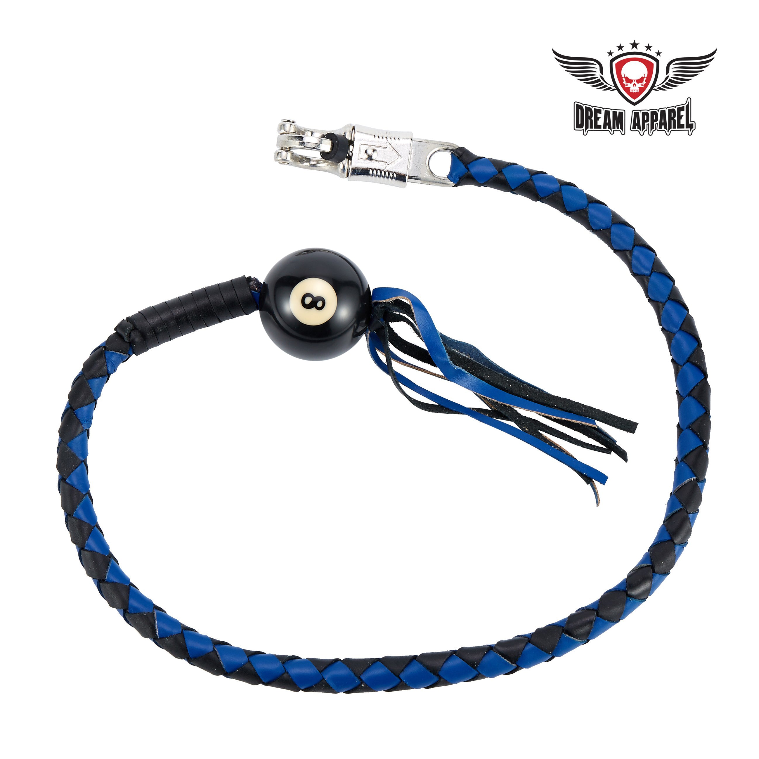 Dream Apparel 42" Long Black And Blue Fringed Get Back Whip With Black Pool Ball 8 - Image 2