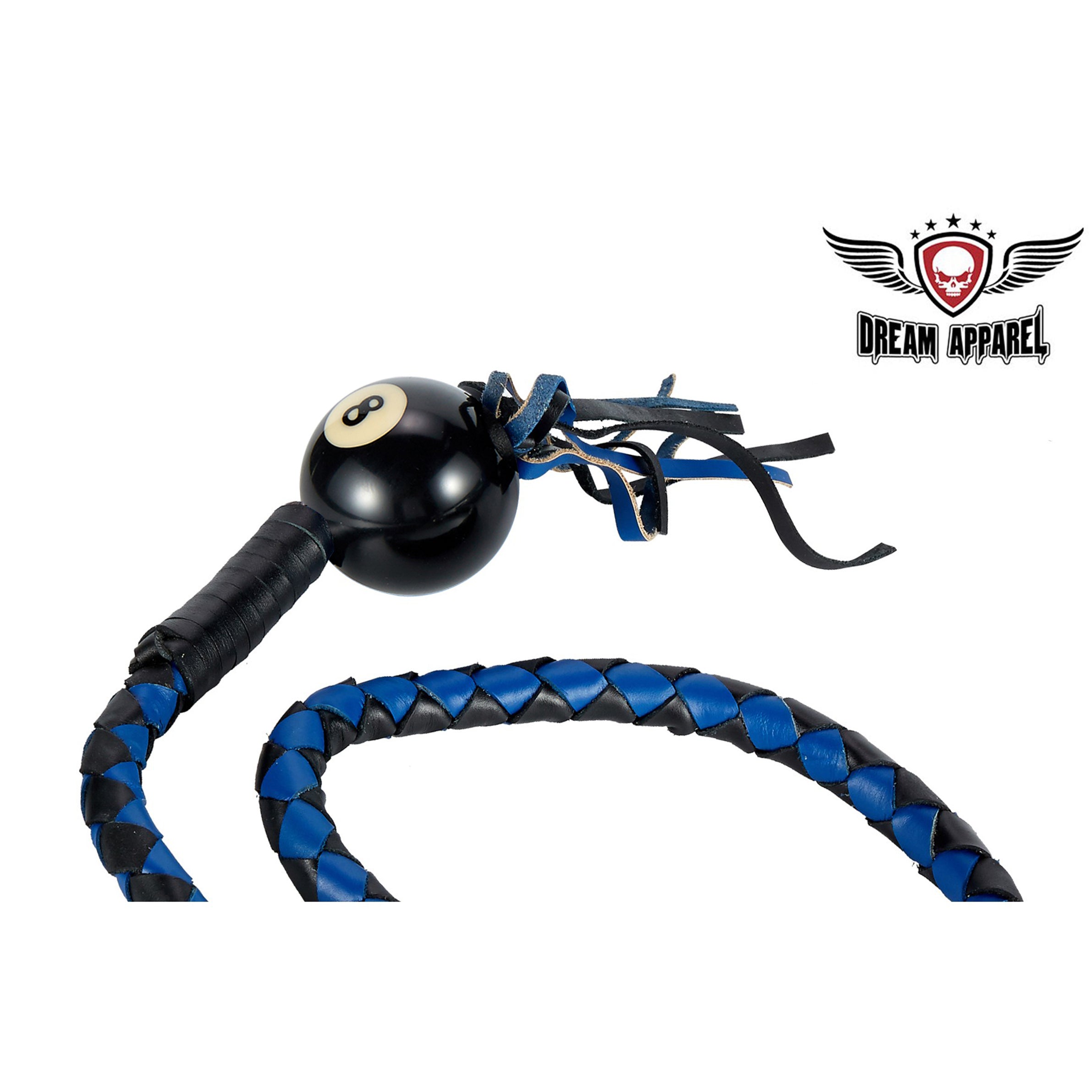 Dream Apparel 42" Long Black And Blue Fringed Get Back Whip With Black Pool Ball 8 - Image 3