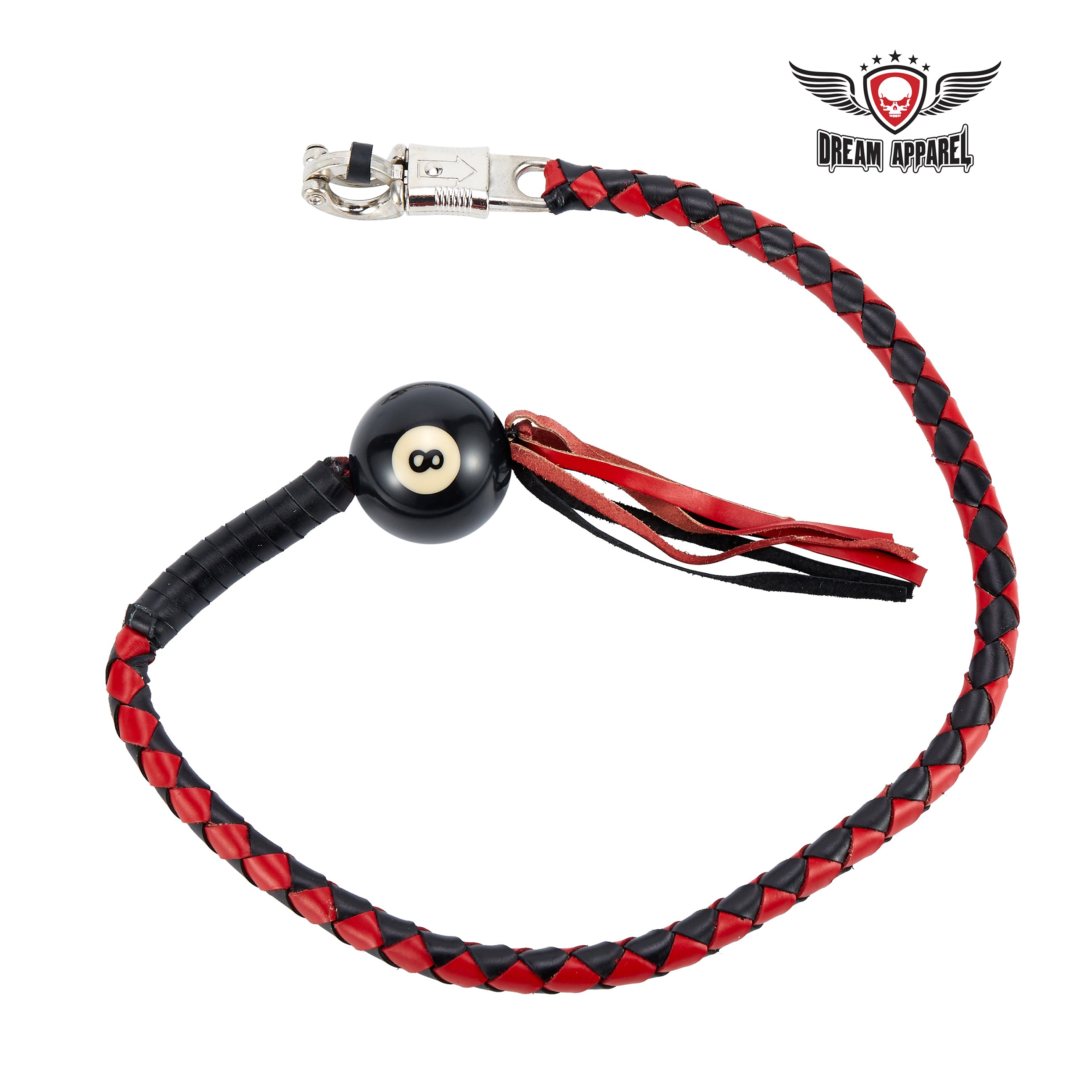 Dream Apparel 36" Long Black And Red Fringed Get Back Whip With Black Pool Ball 8 - Image 2