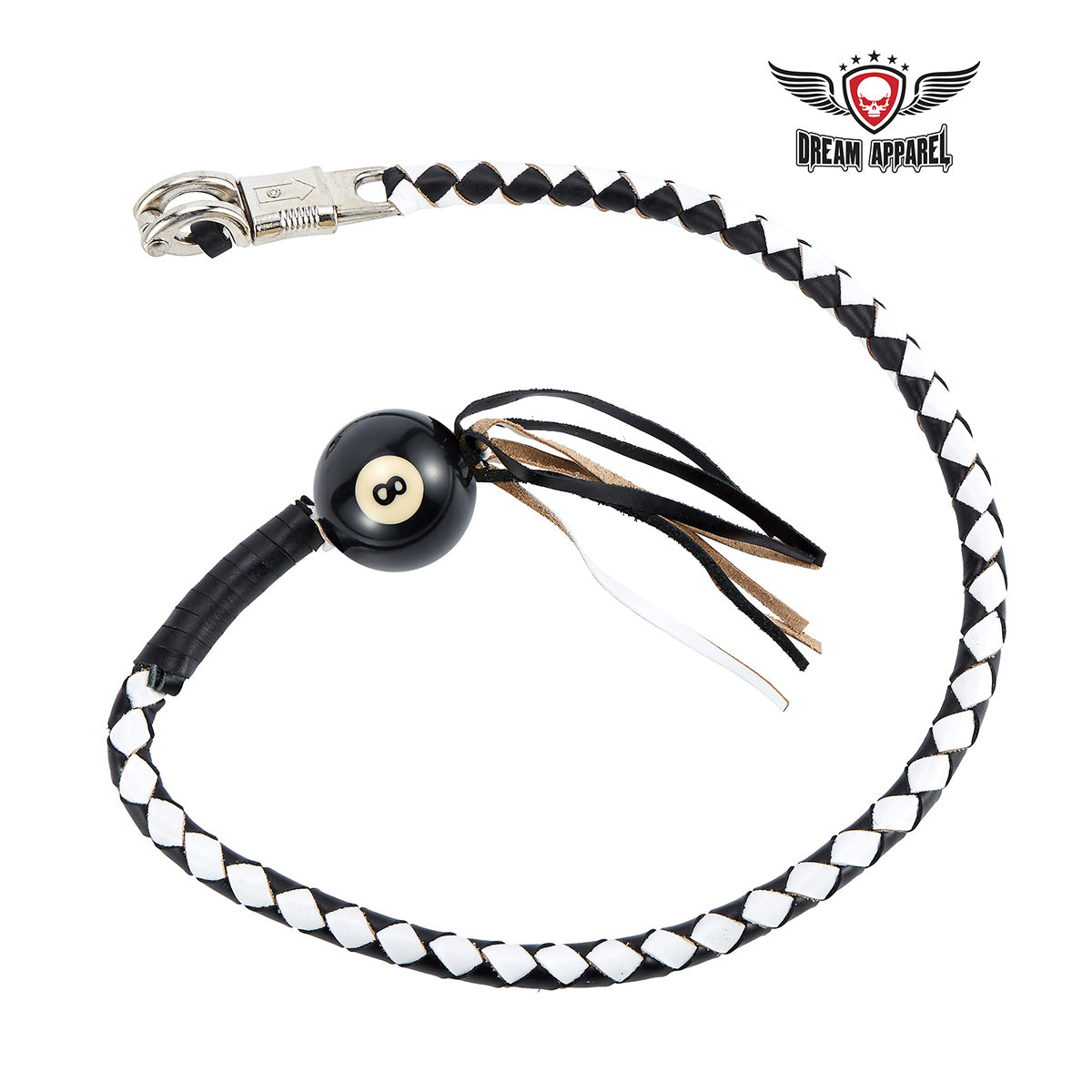 Dream Apparel 42" Long Black And White Fringed Get Back Whip With Black Pool Ball 8 - Image 2