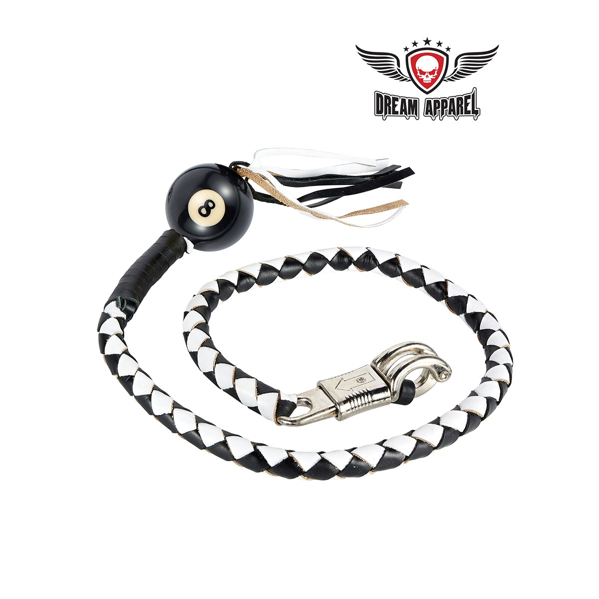 Dream Apparel Black And White Fringed Get Back Whip With Pool Ball 8 - Image 2