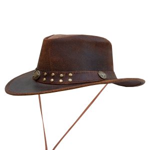 Dream Apparel Men's Brown Top-Grain Premium Leather Western Cowboy Studded Hat for Halloween Deadman