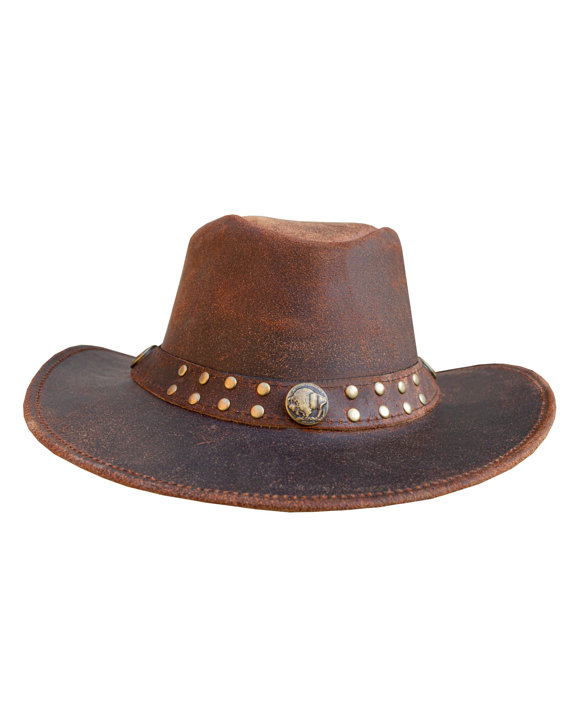 Dream Apparel Men's Brown Top-Grain Premium Leather Western Cowboy Studded Hat for Halloween Deadman - Image 2