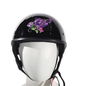 Womens Shiny Black DOT Approved Motorcycle Helmet W/ Purple Rose Design