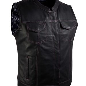 Ladies Motorcycle Leather CLUB VEST Premium Cowhide Leather Purple Thread, Purple Paisley Lining