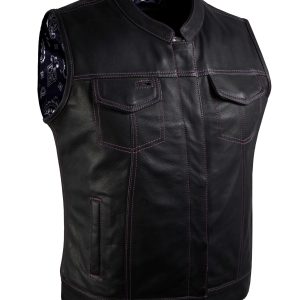 Dream Apparel Ladies Motorcycle Leather CLUB VEST Purple Thread, Purple Paisley Lining