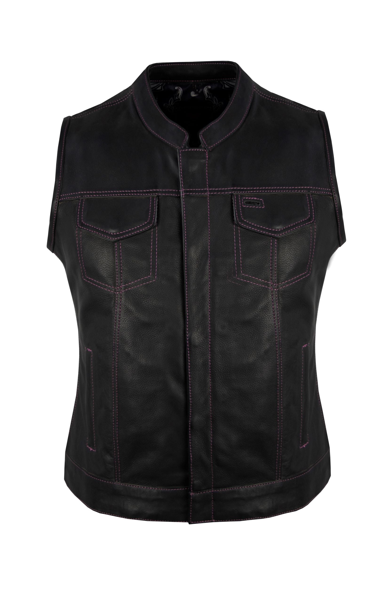 Dream Apparel Ladies Motorcycle Leather CLUB VEST Purple Thread, Purple Paisley Lining - Image 3