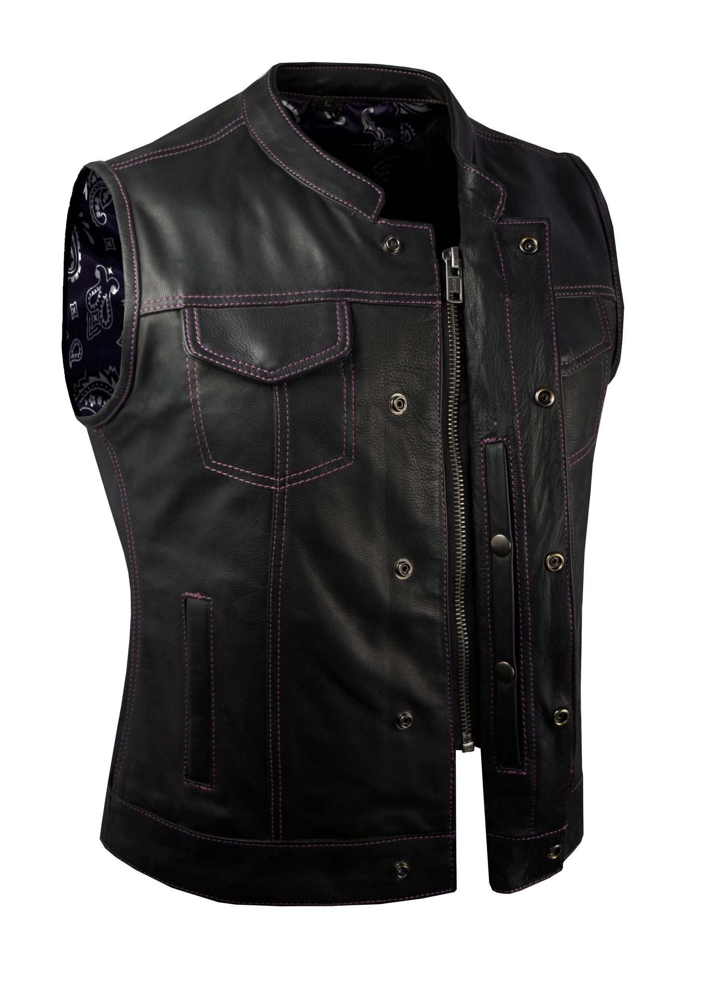 Dream Apparel Ladies Motorcycle Leather CLUB VEST Purple Thread, Purple Paisley Lining - Image 2