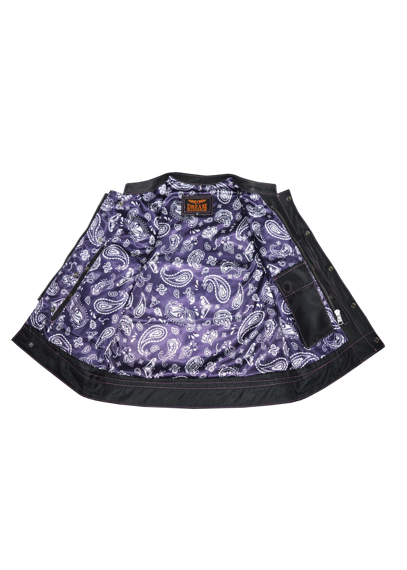 Dream Apparel Ladies Motorcycle Leather CLUB VEST Purple Thread, Purple Paisley Lining - Image 4