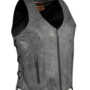 Women Grey Zipper Front Vest Side Laces, Conceal Carry Pockets, Premium Cowhide Leather