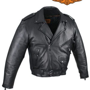 Mens Naked Cowhide Leather Motorcycle Jacket With Snap Down Collar & Belt