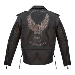 Dream Apparel Men's Leather Motorcycle Jacket with Emboss Eagle, Live to Ride, Ride to Live