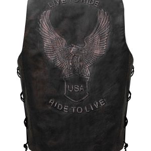 Dream Apparel Men's Distressed Brown Vest, Side Laces with Emboss Eagle, Live to Ride, Ride to Live