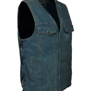 Mens Dark Blue Denim Vest Side Laces