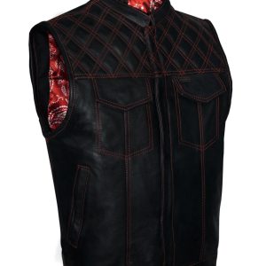 Dream Apparel Men's Leather Club Vest Red Thread, Red Paisley Lining, Zipper Front, Diamond Padding