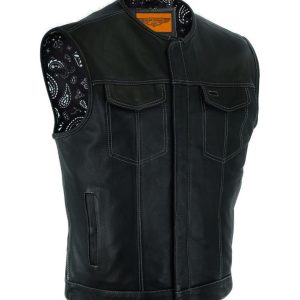 Dream Apparel Mens Club Vest Black Paisley Liner, White Thread Front Zipper Conceal Gun Pockets
