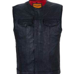 Mens Zippered No Collar Leather Motorcycle Club Vest with Red Liner Quick Draw Conceal Pockets