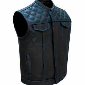 Dream Apparel Mens Black Club Vest Diamond Design Blue Thread Premium Cowhide Leather