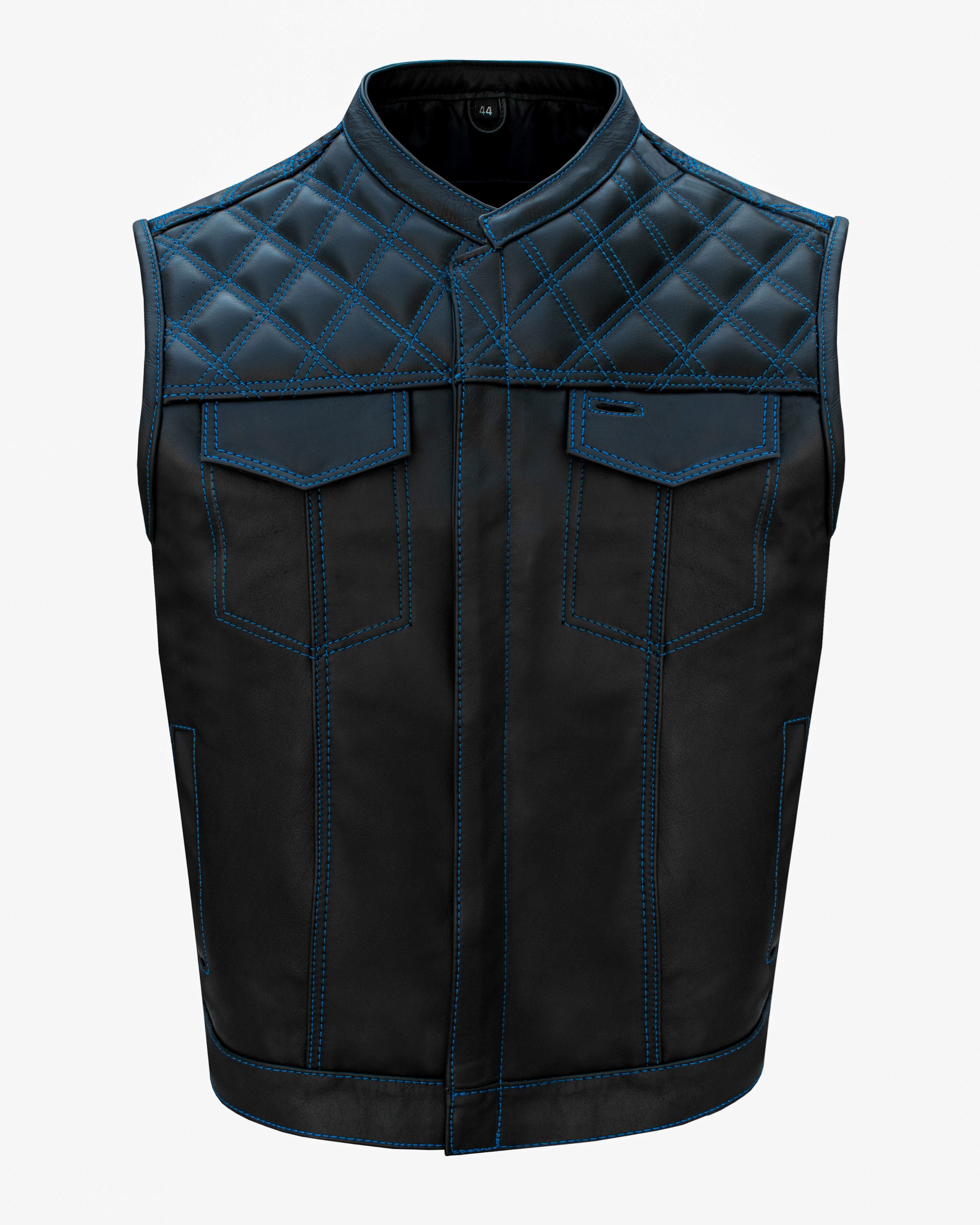 Dream Apparel Mens Black Club Vest Diamond Design Blue Thread Premium Cowhide Leather - Image 2