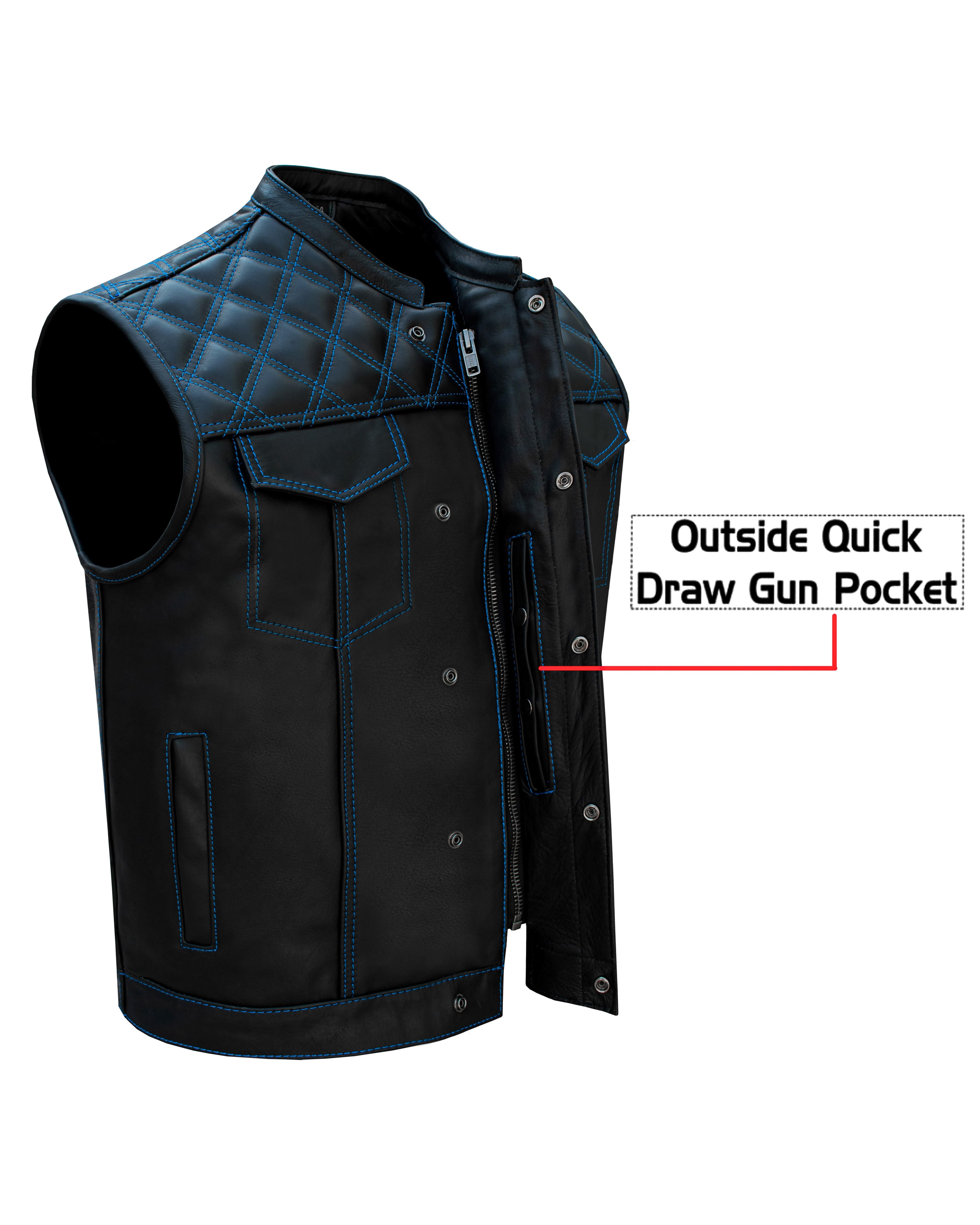 Dream Apparel Mens Black Club Vest Diamond Design Blue Thread Premium Cowhide Leather - Image 3