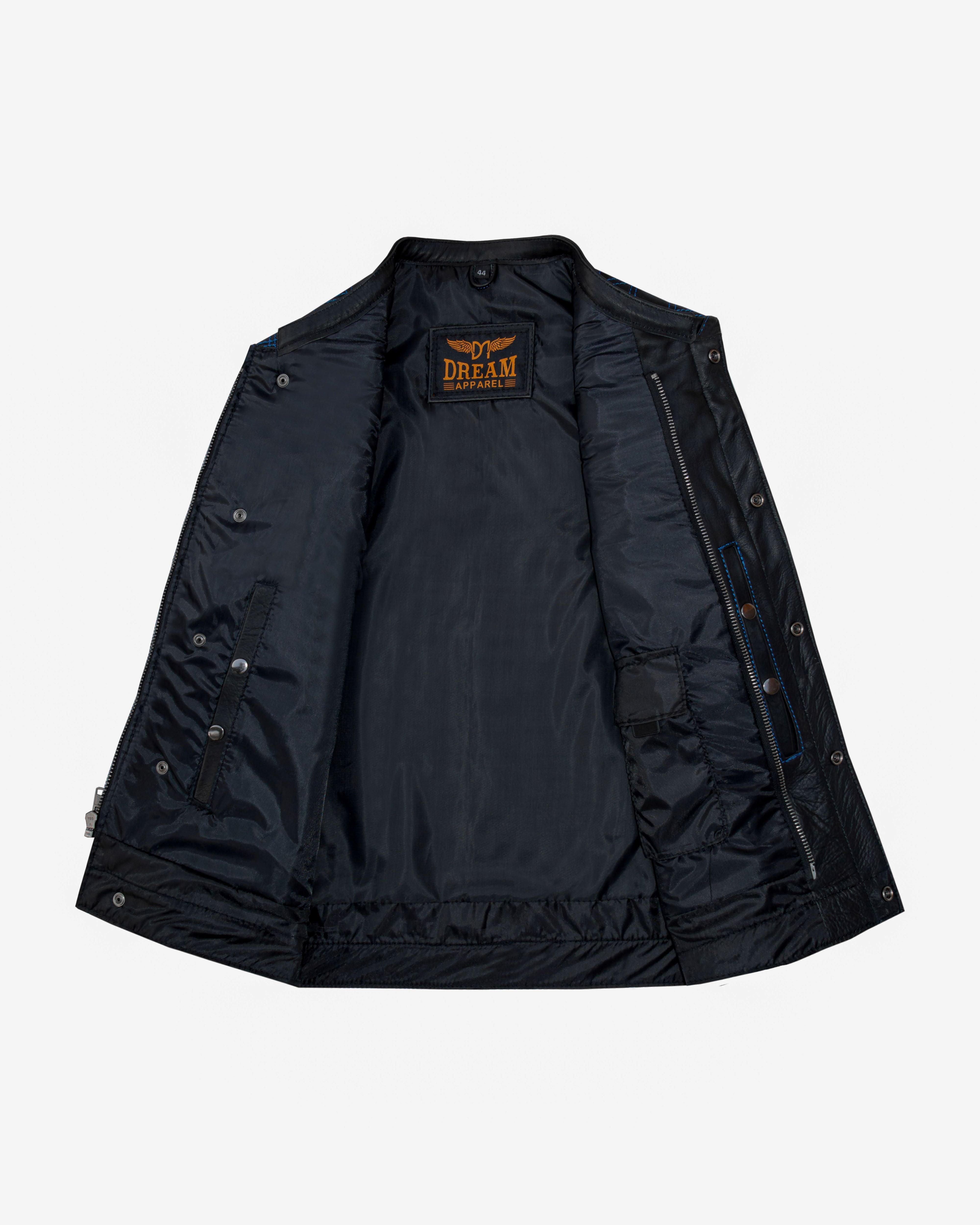 Dream Apparel Mens Black Club Vest Diamond Design Blue Thread Premium Cowhide Leather - Image 4