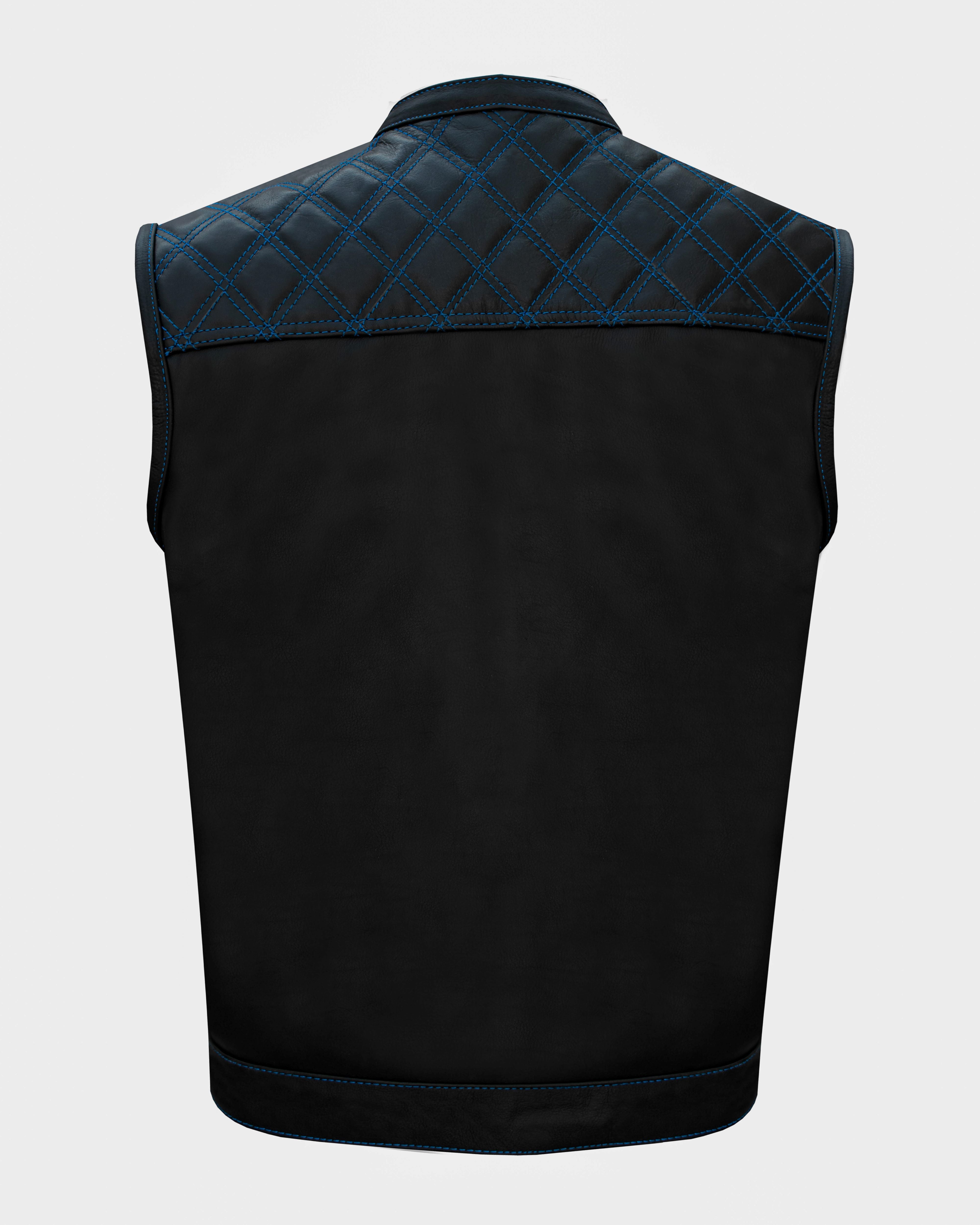 Dream Apparel Mens Black Club Vest Diamond Design Blue Thread Premium Cowhide Leather - Image 5