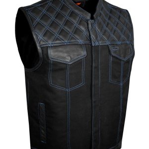 Dream Apparel Mens Black Club Vest Diamond Design Blue Thread Leather & Denim
