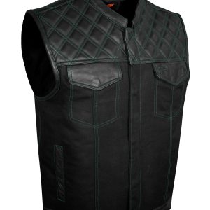Dream Apparel Mens Black Club Vest Diamond Design Green Thread Leather & Denim