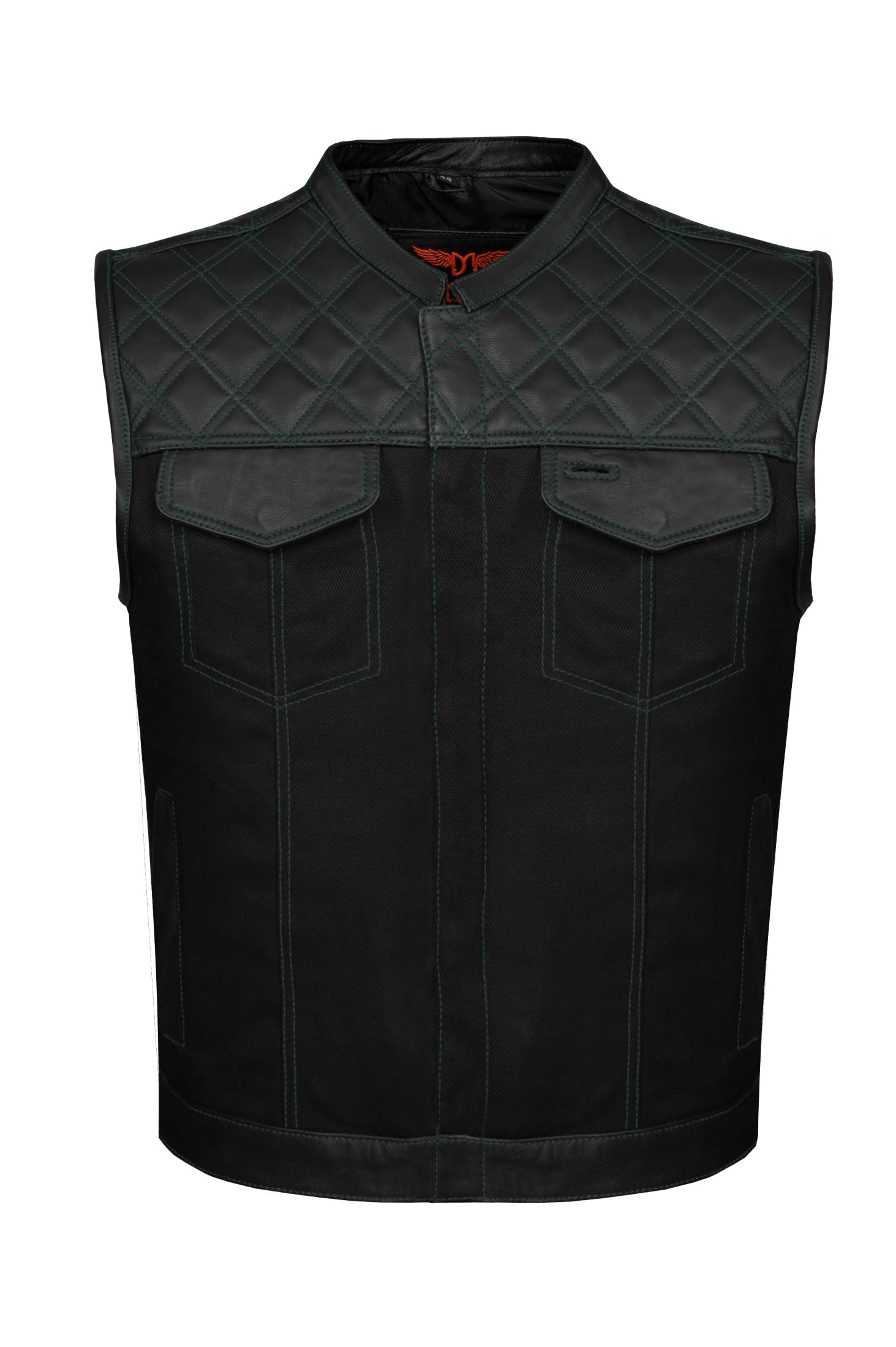 Dream Apparel Mens Black Club Vest Diamond Design Green Thread Leather & Denim - Image 2