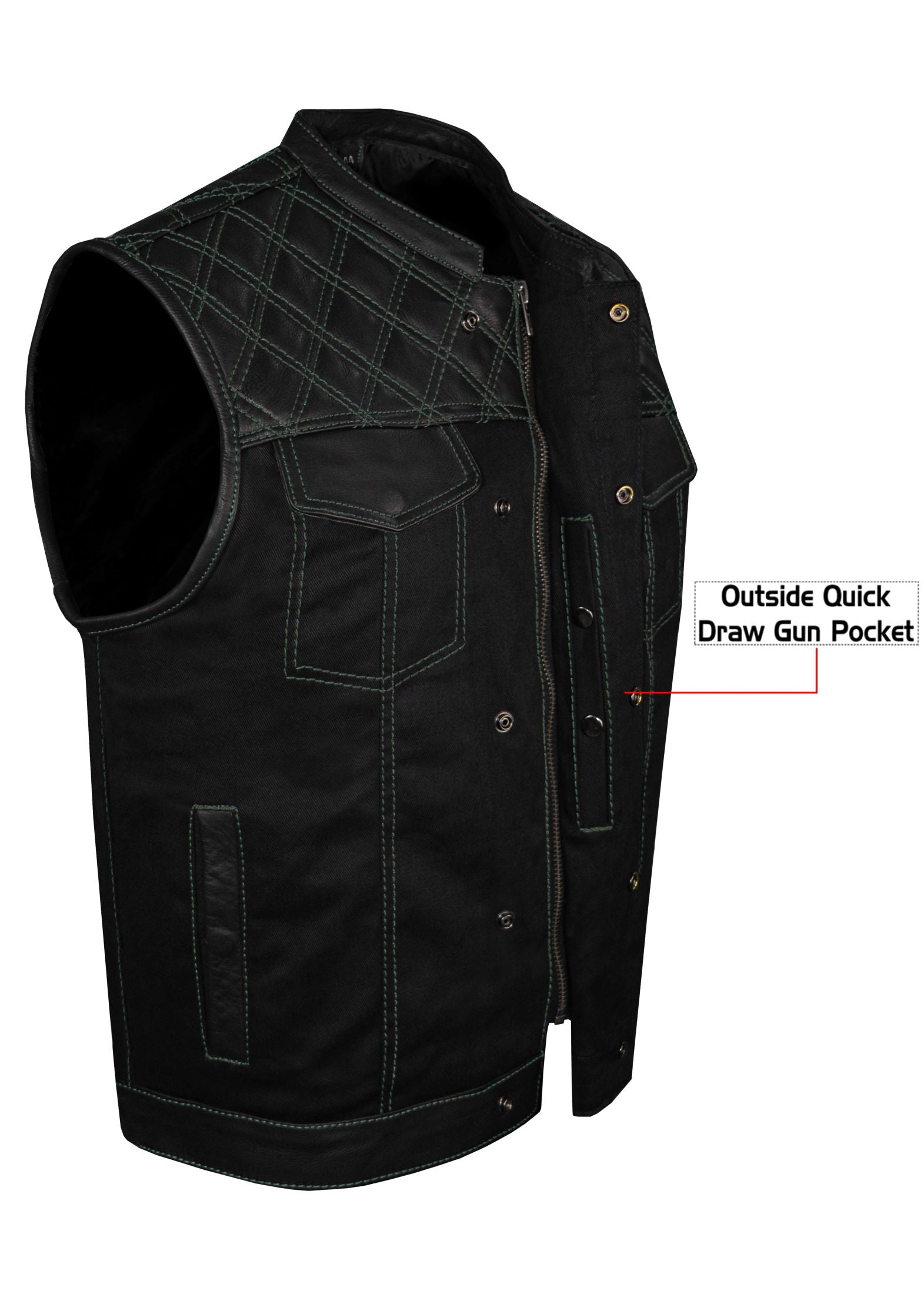 Dream Apparel Mens Black Club Vest Diamond Design Green Thread Leather & Denim - Image 3