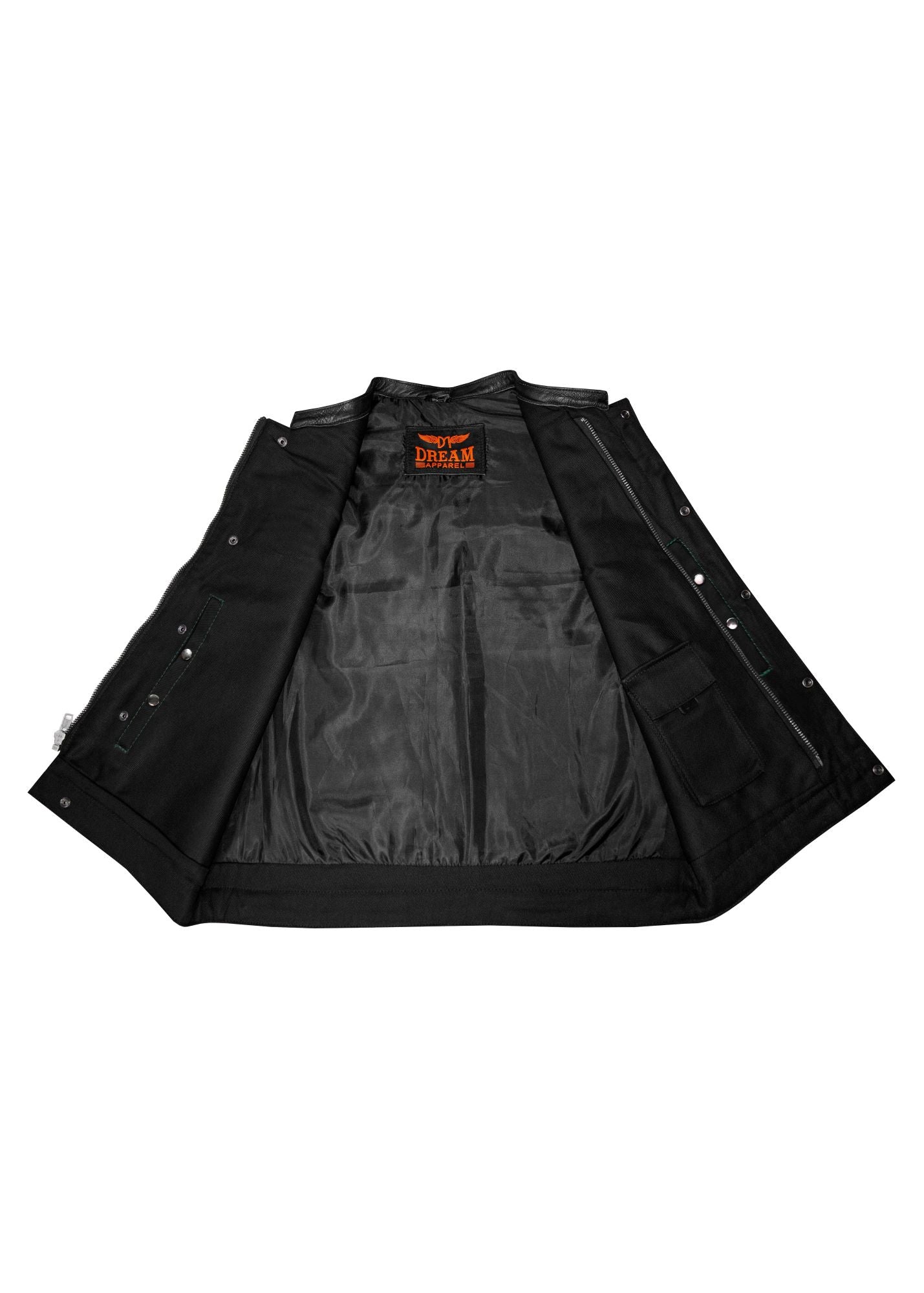 Dream Apparel Mens Black Club Vest Diamond Design Green Thread Leather & Denim - Image 4