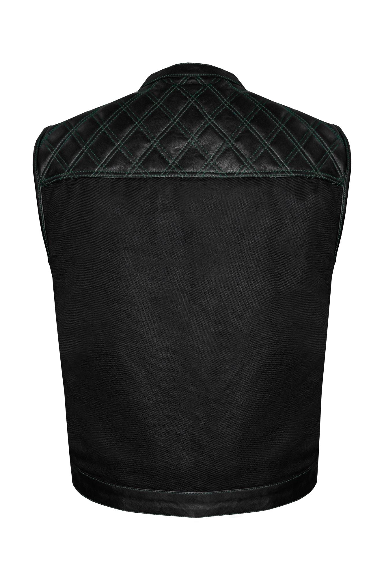 Dream Apparel Mens Black Club Vest Diamond Design Green Thread Leather & Denim - Image 5