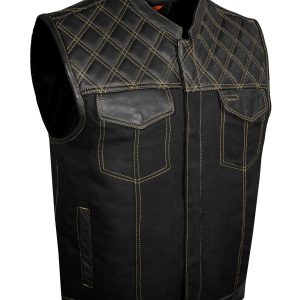 Dream Apparel Mens Black Club Vest Diamond Design Gold Thread Leather & Denim, Diamond Padding