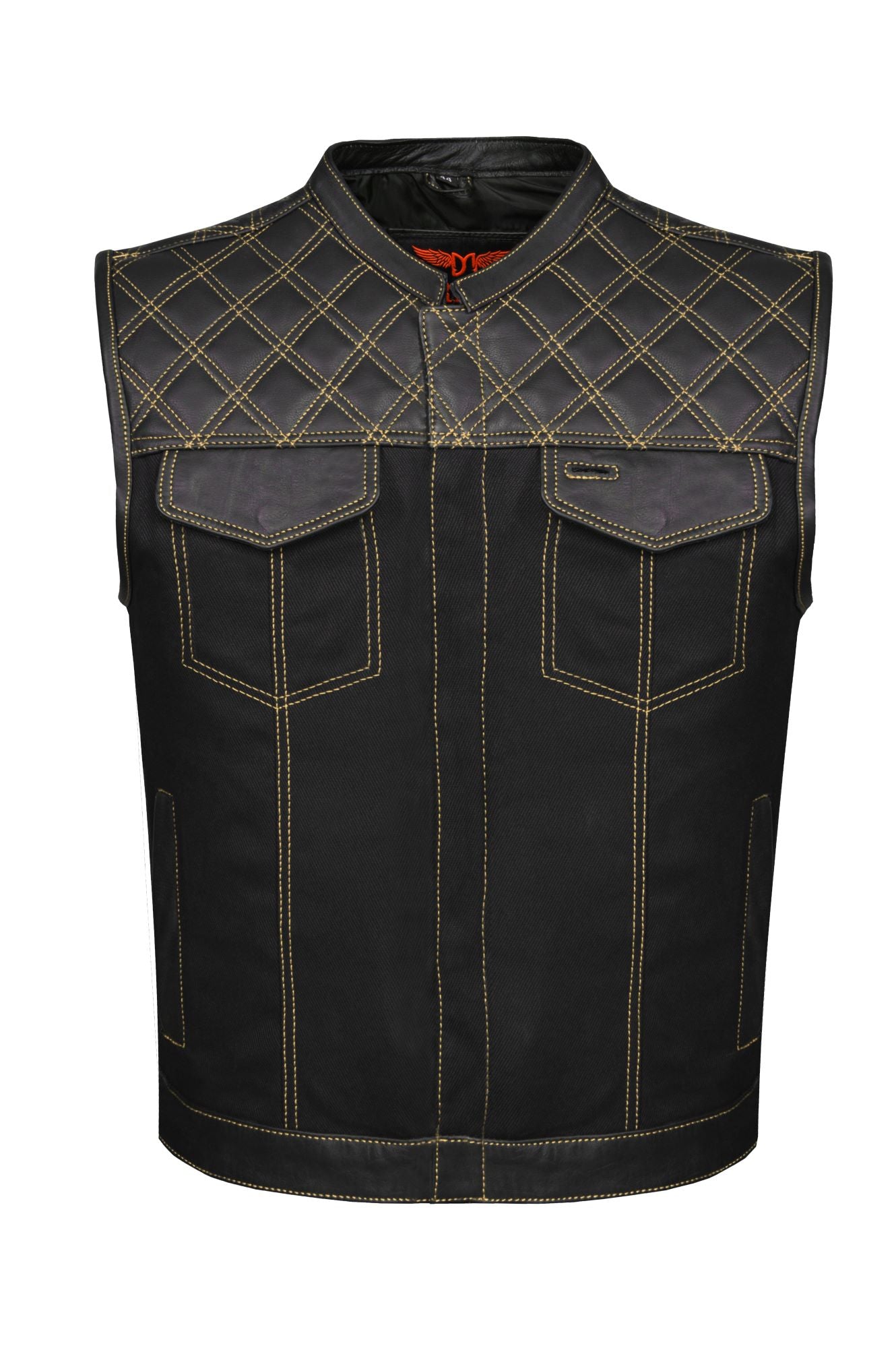 Dream Apparel Mens Black Club Vest Diamond Design Gold Thread Leather & Denim, Diamond Padding - Image 2