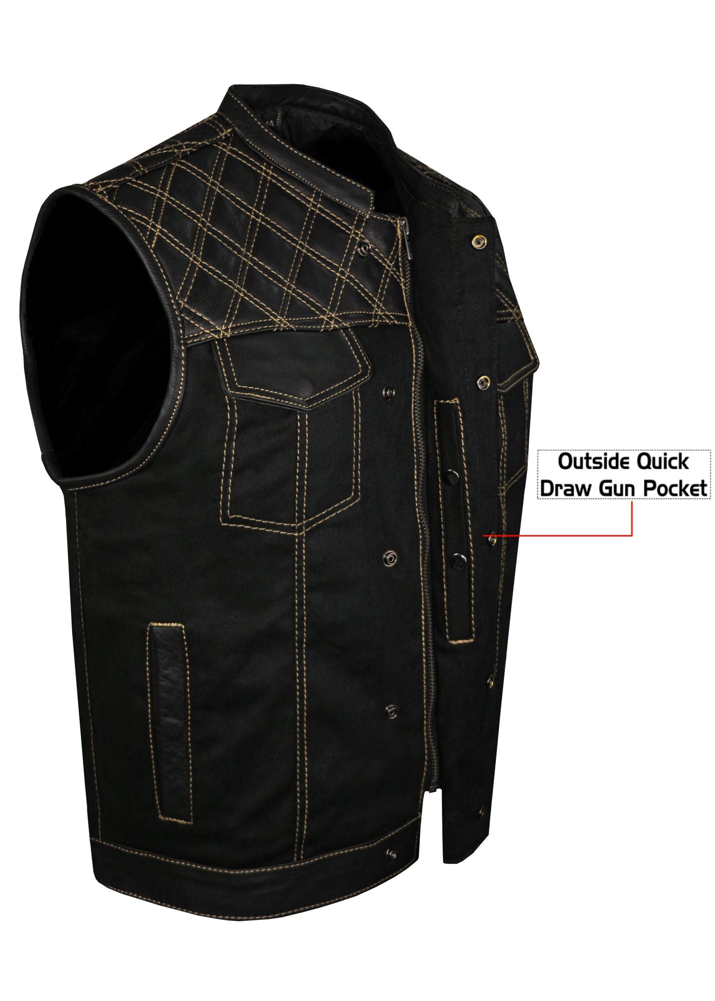Dream Apparel Mens Black Club Vest Diamond Design Gold Thread Leather & Denim, Diamond Padding - Image 3
