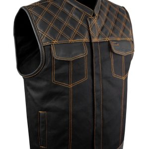 Mens Black Denim & Leather Motorcycle Club Vest Orange Thread Zipper Front, Diamond Padding