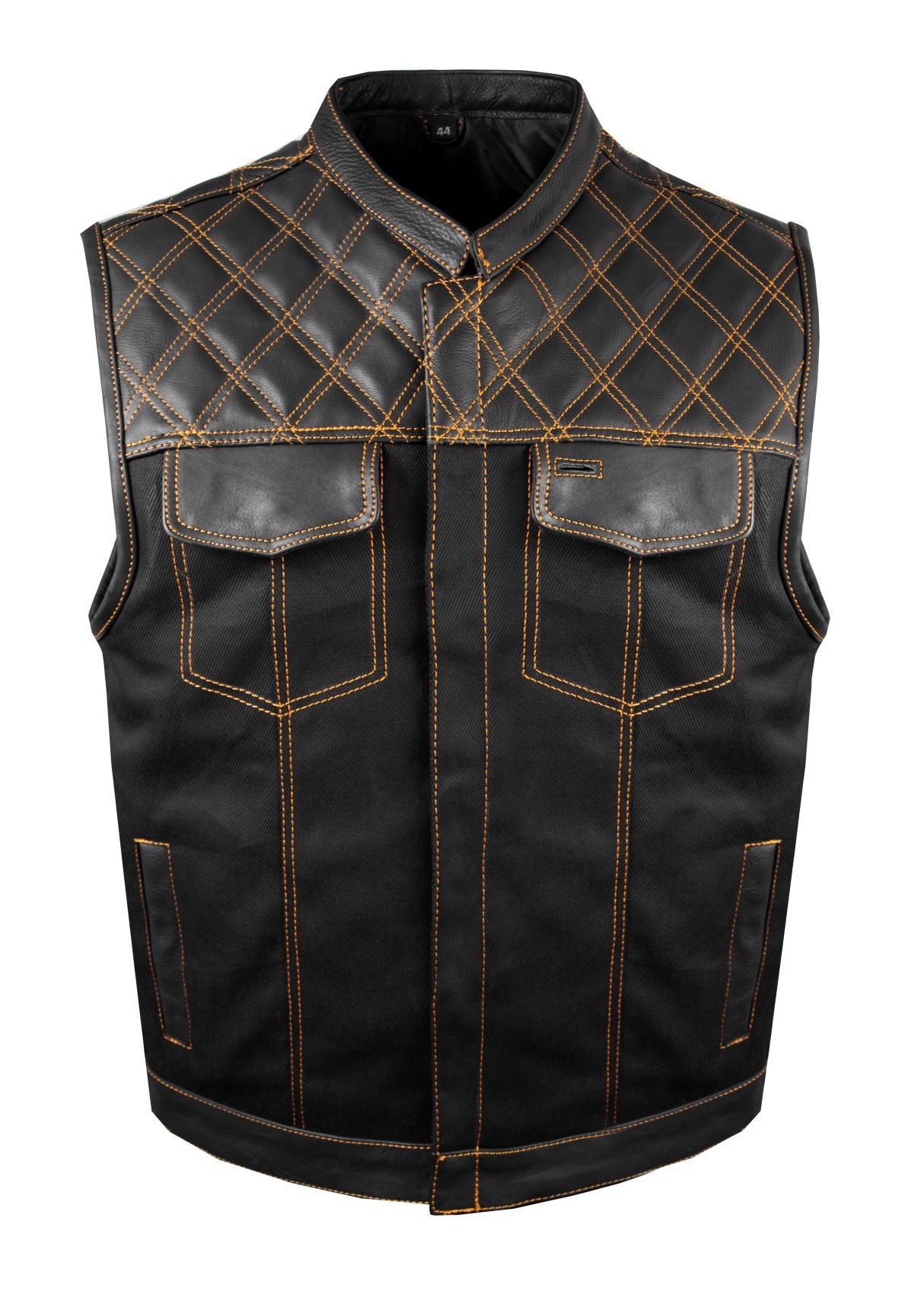 Mens Black Denim & Leather Motorcycle Club Vest Orange Thread Zipper Front, Diamond Padding - Image 2