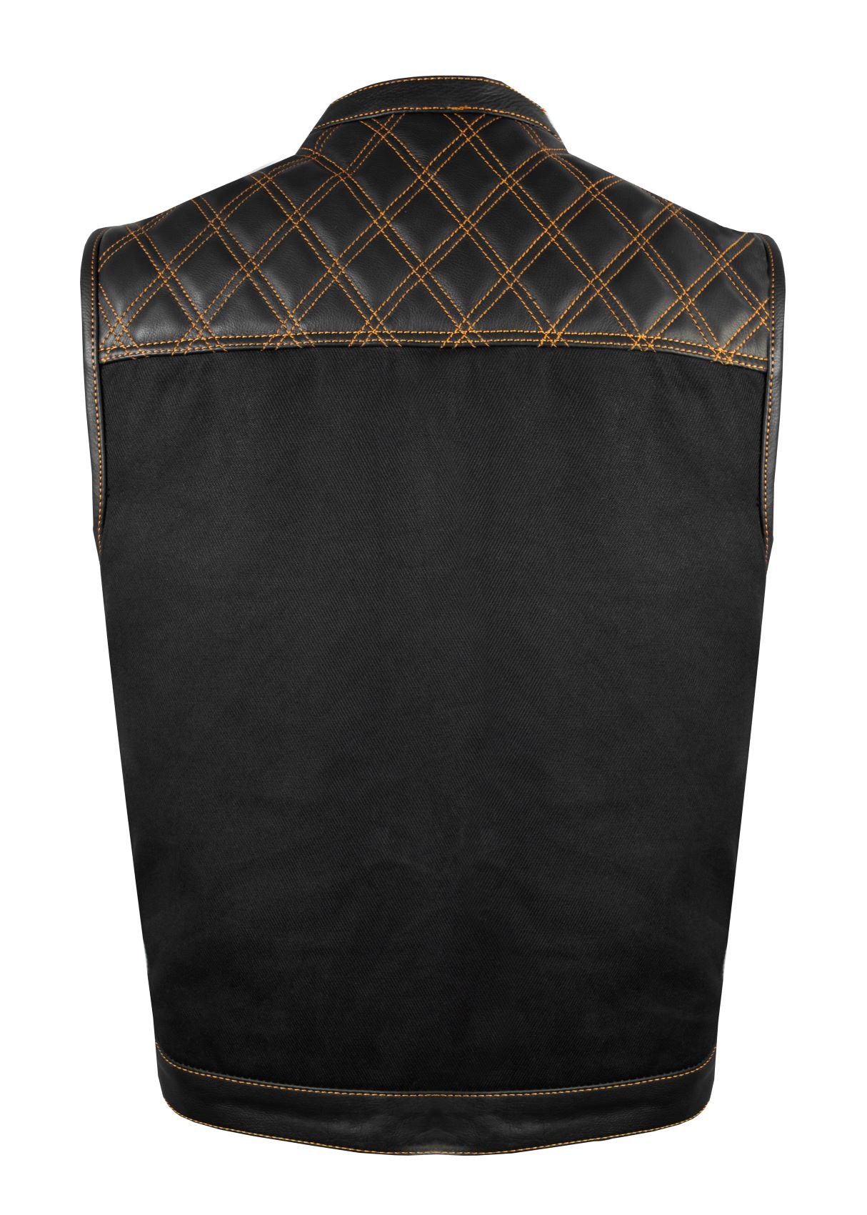Mens Black Denim & Leather Motorcycle Club Vest Orange Thread Zipper Front, Diamond Padding - Image 3