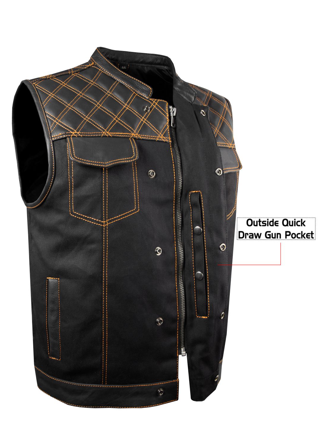 Mens Black Denim & Leather Motorcycle Club Vest Orange Thread Zipper Front, Diamond Padding - Image 4