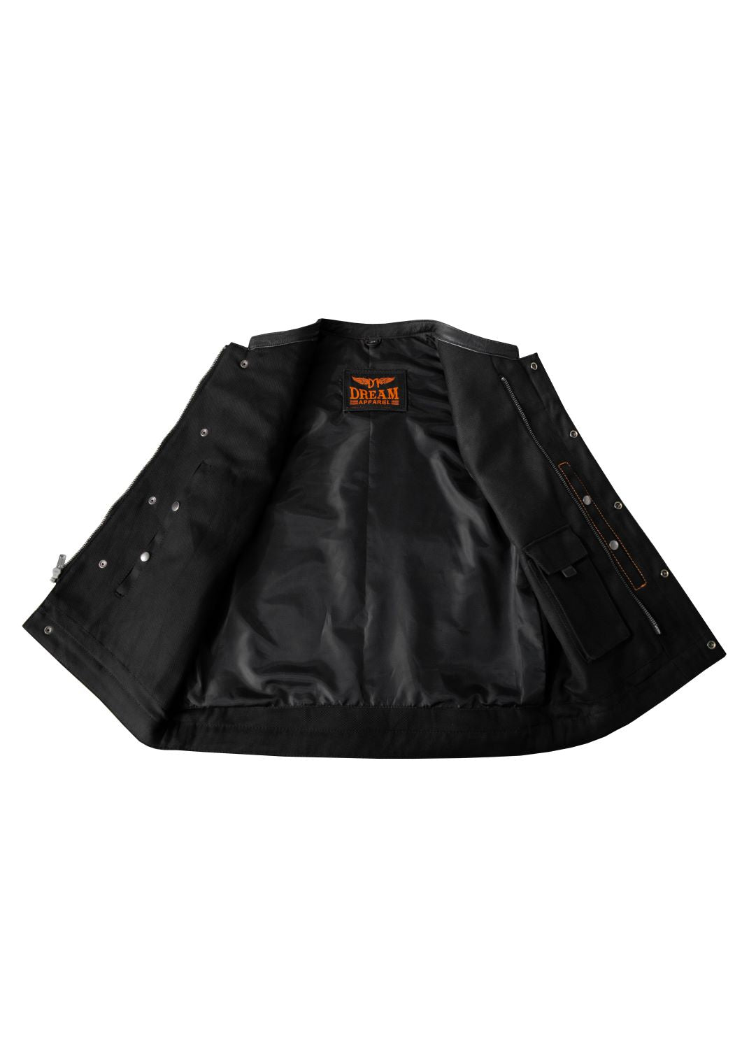 Mens Black Denim & Leather Motorcycle Club Vest Orange Thread Zipper Front, Diamond Padding - Image 5